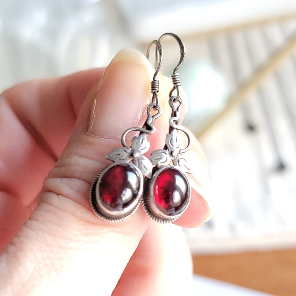 Sterling Silver Ivy + Garnet Drop Earrings - Picture 2 of 6